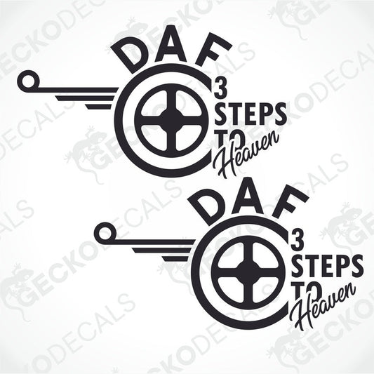 Two black and white vehicle decals featuring the text 'DAF 3 Steps to Heaven' with a wheel design.
