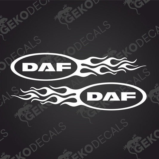 A pair of white flame-shaped decals with the brand name 'DAF' in the center, delivered on transfer paper.