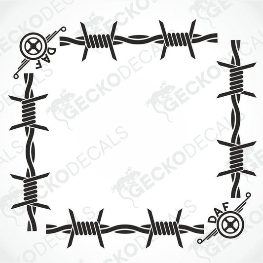 A die cut sticker with barbed wire design and DAF logo, intended for use as a vehicle side window decal.