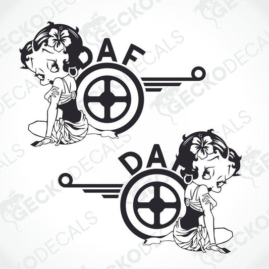 A set of two die-cut stickers featuring an animated character with the DAF truck logo.