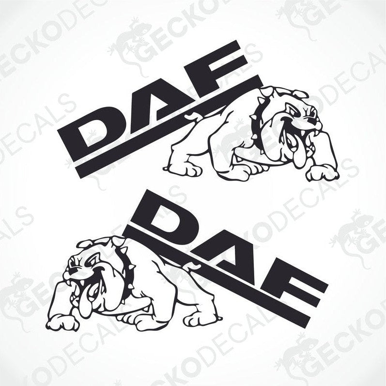 Two black decals of a bulldog with the DAF logo on its head, positioned one over the other.