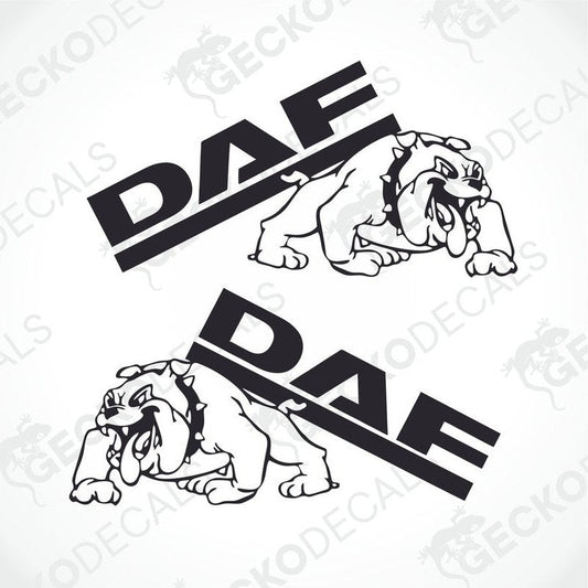 Two black decals of a bulldog with the DAF logo on its head, positioned one over the other.