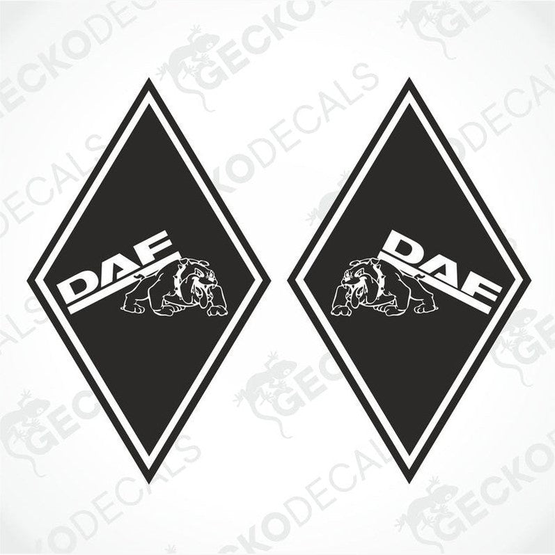 Two black diamond-shaped car decals with the DAF logo and a bulldog illustration in the center.