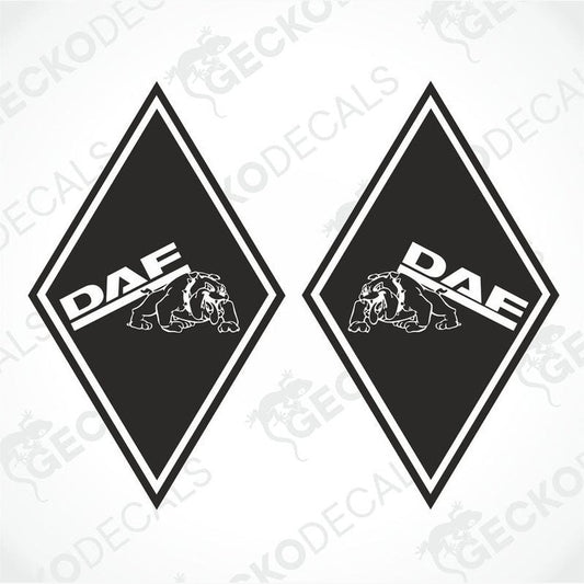 Two black diamond-shaped car decals with the DAF logo and a bulldog illustration in the center.