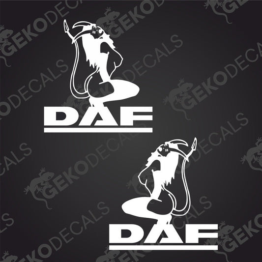 A set of two die cut decals, one with the text 'DAF' and a female figure on the left and the other with the same text 'DAF' and a female figure on the right.