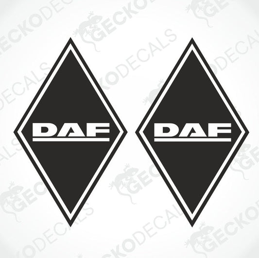 Two black and white diamond-shaped stickers with the DAF logo