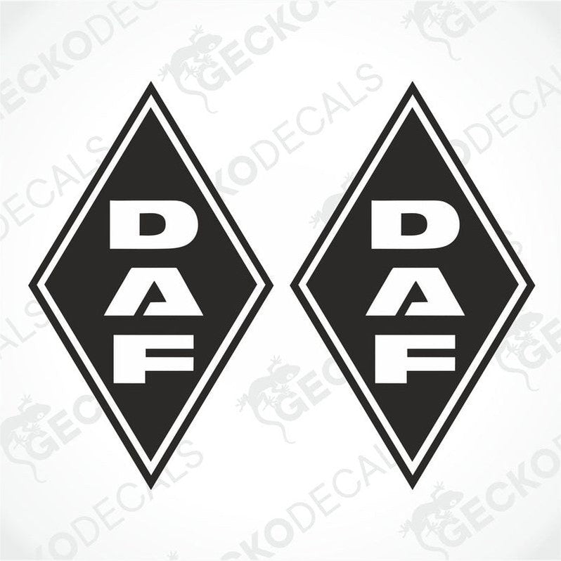 Two black and white diamond-shaped decals with the DAF logo