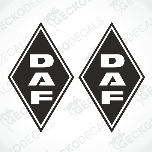 Two black and white diamond-shaped decals with the DAF logo