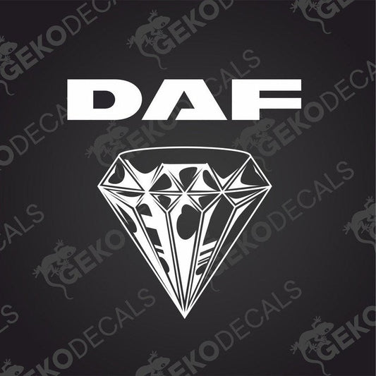A die cut decal with the text 'DAF' above a diamond shape design, intended for use on vehicles or equipment.