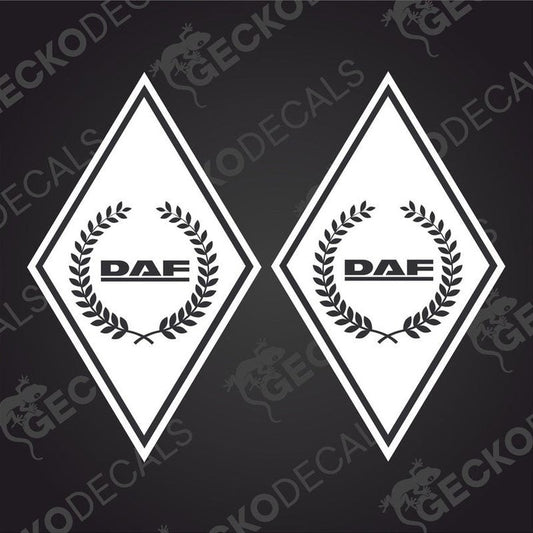 Two black and white geometric shaped decals with the text 'DAF' and a diamond symbol.