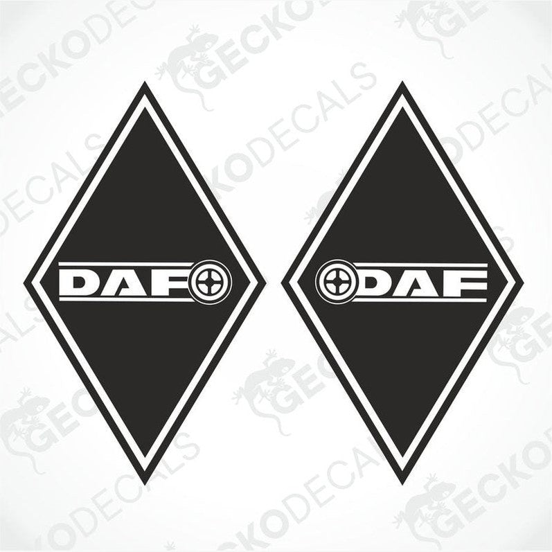 Two black diamond-shaped decals with the DAF logo in the center, one with the top of the diamond facing up and the other with the bottom facing up, both with white lettering.