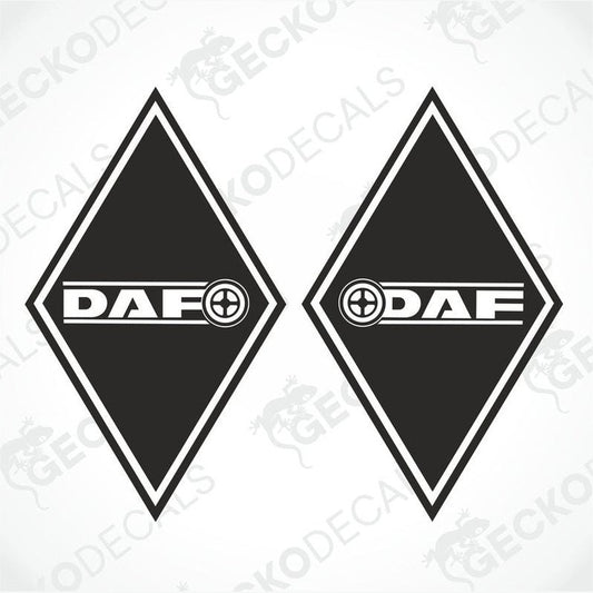 Two black diamond-shaped decals with the DAF logo in the center, one with the top of the diamond facing up and the other with the bottom facing up, both with white lettering.