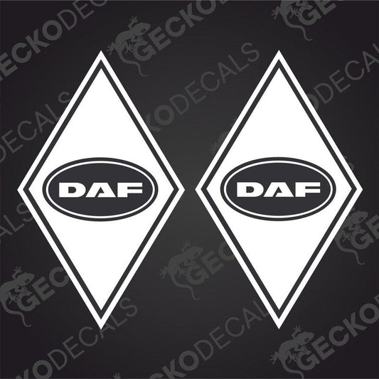 Two white diamond-shaped stickers with the DAF logo in the center, intended for vehicle decal use.