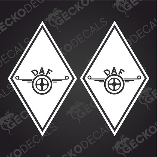 Two black and white geometric shaped stickers with the letters DAF and diamond graphics.
