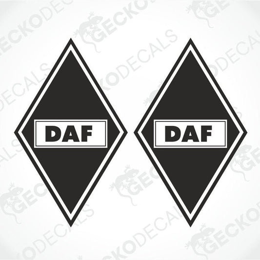 Two black and white diamond-shaped stickers with 'DAF' written in the center, intended for vehicle decal use.