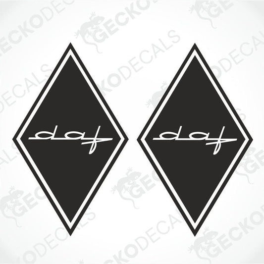 Two black and white diamond-shaped car stickers with the DAF XF logo