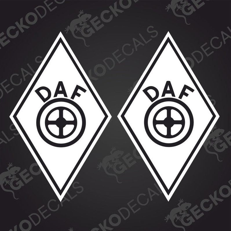 Two black and white geometric shaped decals with the text 'DAF' and a diamond symbol.
