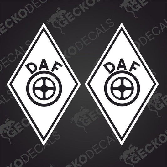 Two black and white geometric shaped decals with the text 'DAF' and a diamond symbol.