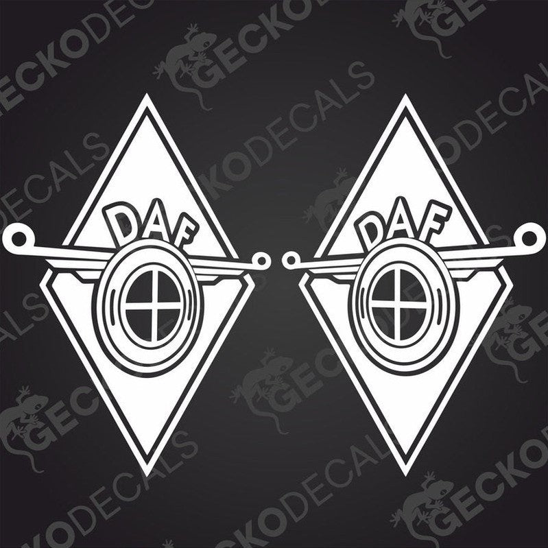 A pair of white die cut decals with the DAF logo, designed for use on vehicles