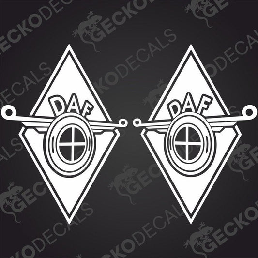 A pair of white die cut decals with the DAF logo, designed for use on vehicles
