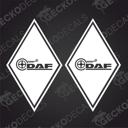 Two black and white geometric shaped decals with the text 'DAF' and a diamond symbol.