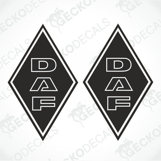 Two black and white diamond-shaped decals with the letters 'DAF' in the center, placed against a white background with a GeckoDecals watermark.
