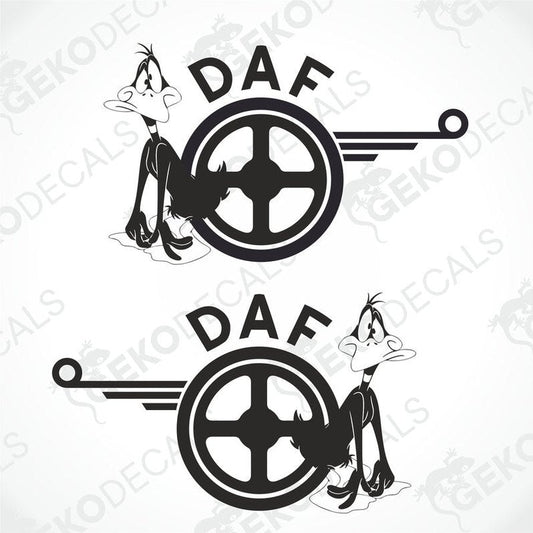 Two black and white vehicle decals featuring an cartoon duck design with the letters 'DAF' and a wheel.