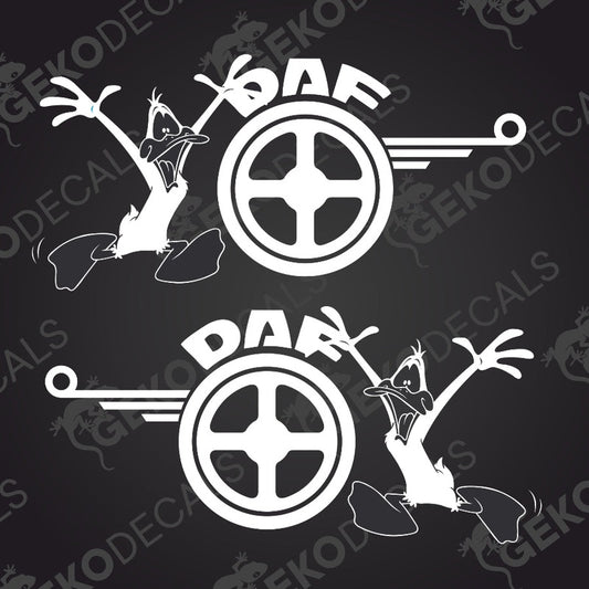 Two white die cut stickers depicting a duck with raised hands and the text 'DAF' in a circular emblem.