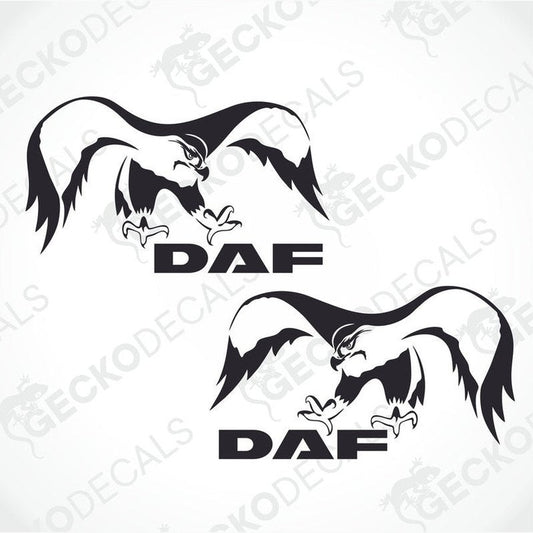 Two black and white stickers of an eagle with the DAF logo.