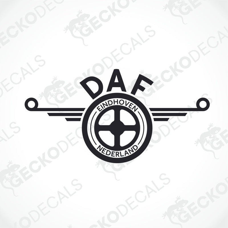 A black and white logo of DAF Eindhoven, featuring a circular design with text and a graphical element.