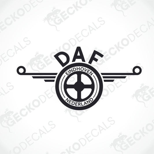 A black and white logo of DAF Eindhoven, featuring a circular design with text and a graphical element.