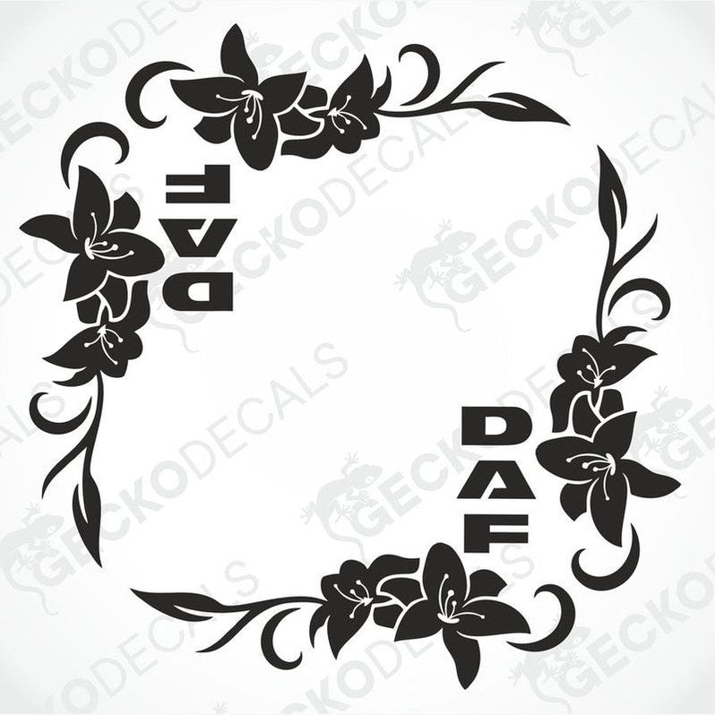 A black floral decal designed for side window placement, featuring the brand name 'DAF' within the design.