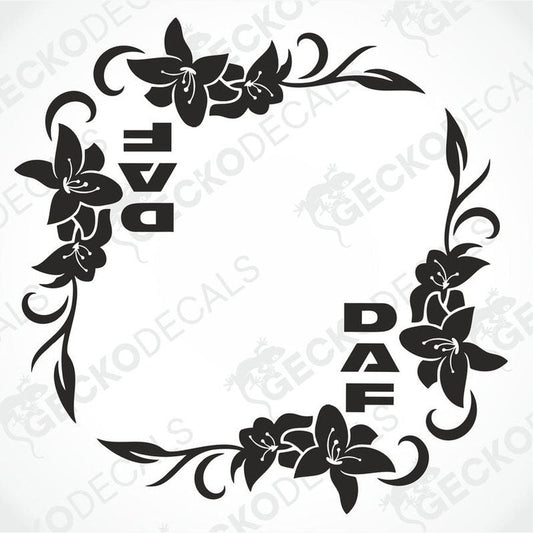 A black floral decal designed for side window placement, featuring the brand name 'DAF' within the design.