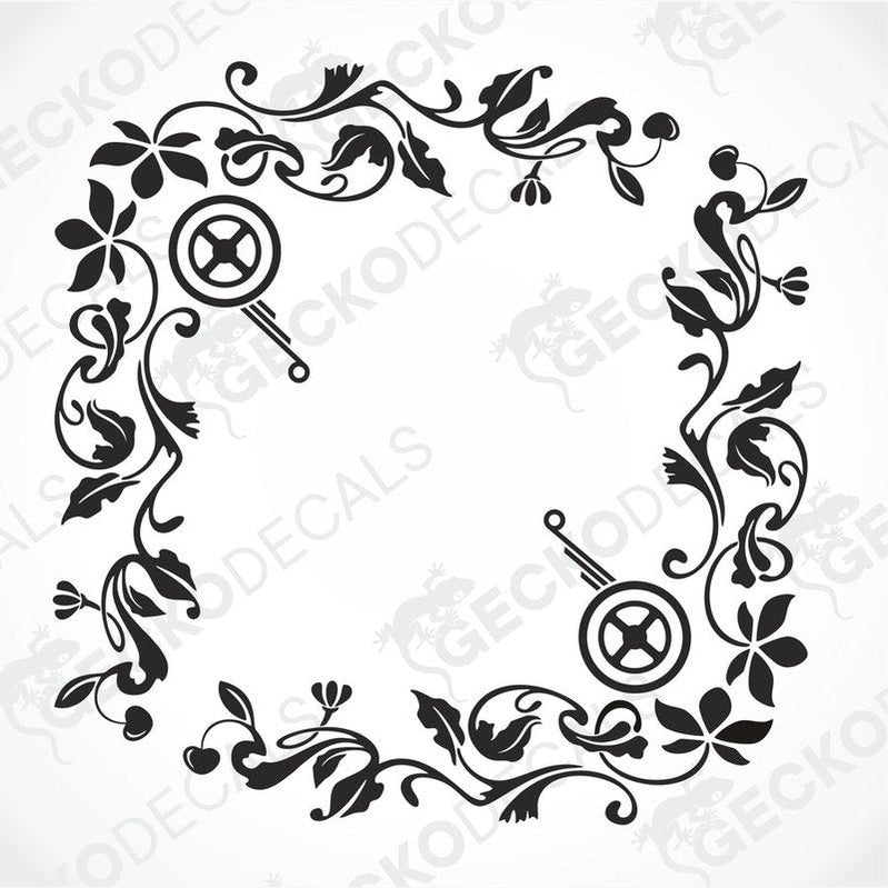 A black floral pattern die cut sticker designed for use as side window decals for a truck.