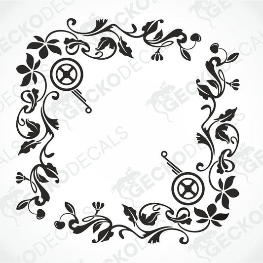 A black floral pattern die cut sticker designed for use as side window decals for a truck.