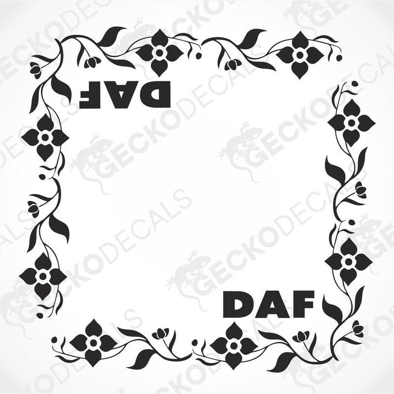 A set of two black and white floral side window decals with the word 'DAF' in the center, delivered on transfer paper.