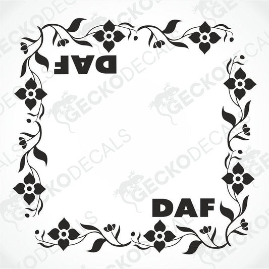 A set of two black and white floral side window decals with the word 'DAF' in the center, delivered on transfer paper.