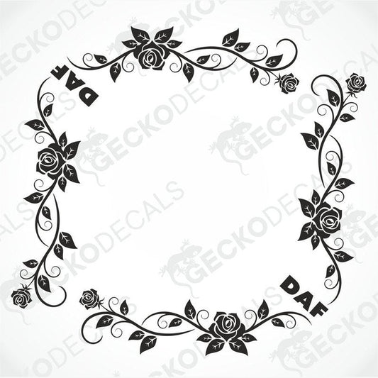 A set of black and white floral side window decals with the text 'DAF' in the center.