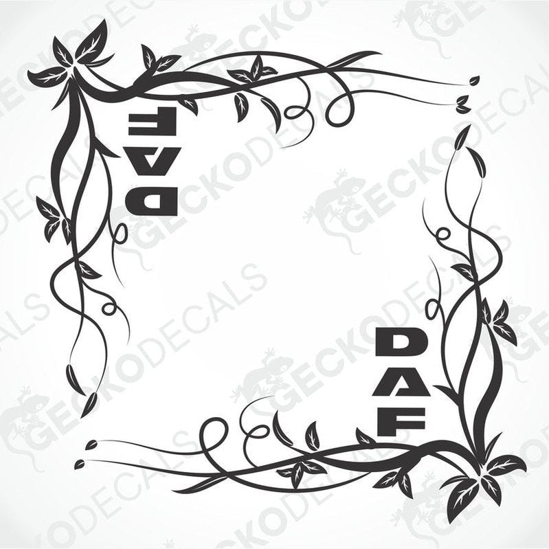A black floral design decal for a DAF truck, designed for side window placement, depicting a frame of flowers and leaves with the brand name integrated within the design.