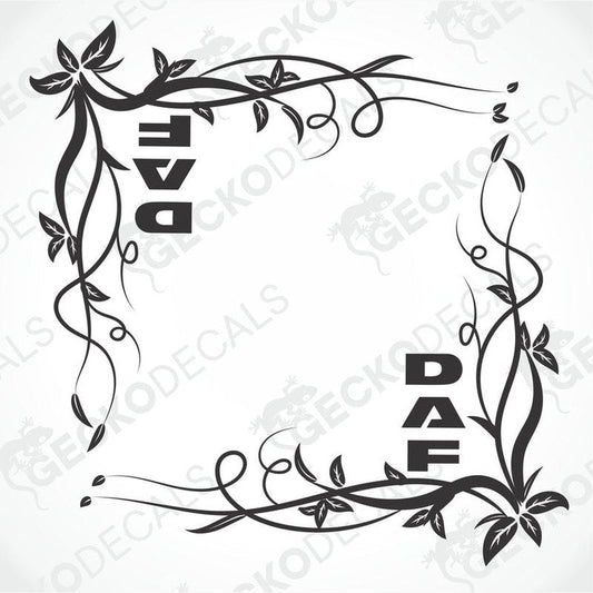 A black floral design decal for a DAF truck, designed for side window placement, depicting a frame of flowers and leaves with the brand name integrated within the design.