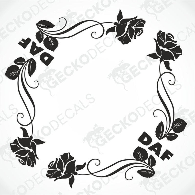 A black and white image of a die cut sticker with floral side window decals for a DAF truck, featuring roses and decorative elements.