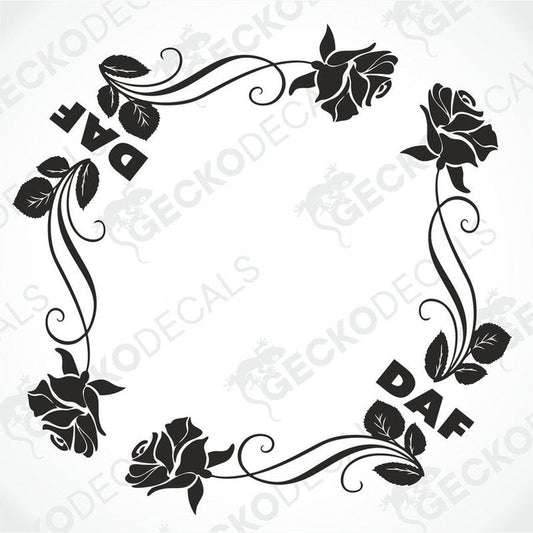 A black and white image of a die cut sticker with floral side window decals for a DAF truck, featuring roses and decorative elements.
