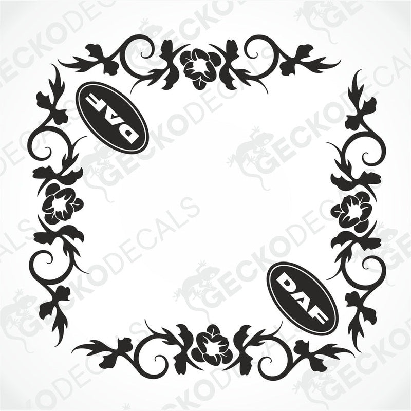 A set of black and white side window decals for a DAF truck, featuring geometric and floral patterns.
