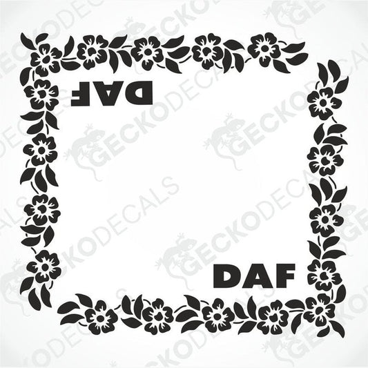 A black and white image of a die-cut decal with floral patterns and the text 'DAF' in the center, designed for use on truck side windows.