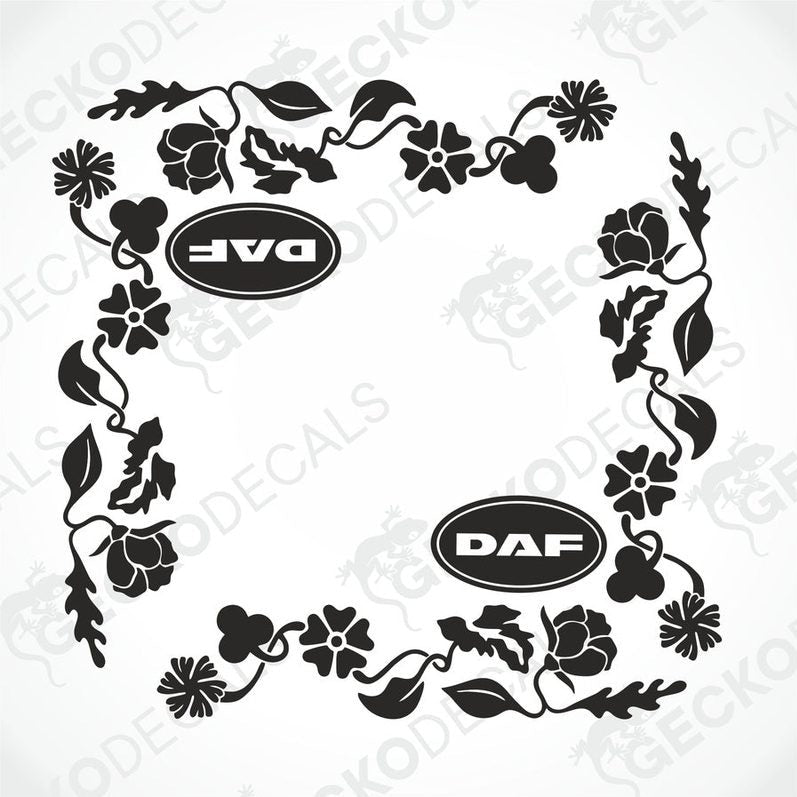 A black and white image of a die-cut vehicle decal with floral patterns and the DAF brand logo.
