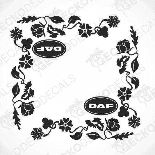A black and white image of a die-cut vehicle decal with floral patterns and the DAF brand logo.