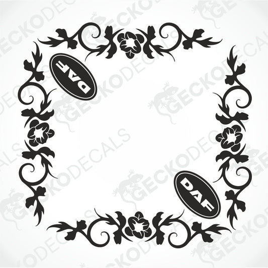 A set of two black floral design window decals for a DAF truck, with the brand logo included.