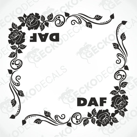 A black and white image of a die cut floral side window decal with the letters 'DAF' incorporated into the design.