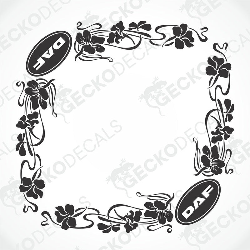 A set of two black decals with a floral pattern and the DAF brand logo.