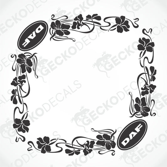 A set of two black decals with a floral pattern and the DAF brand logo.